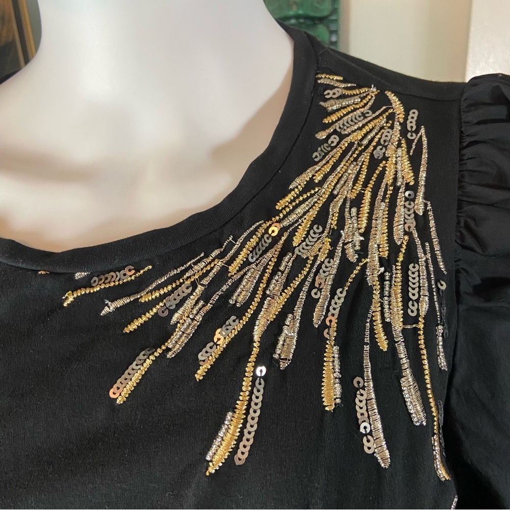 Chico's Sz 2 Fireworks Embroidered Metallic Sequin Blouse Poplin Puff Sleeve L - Picture 6 of 11
